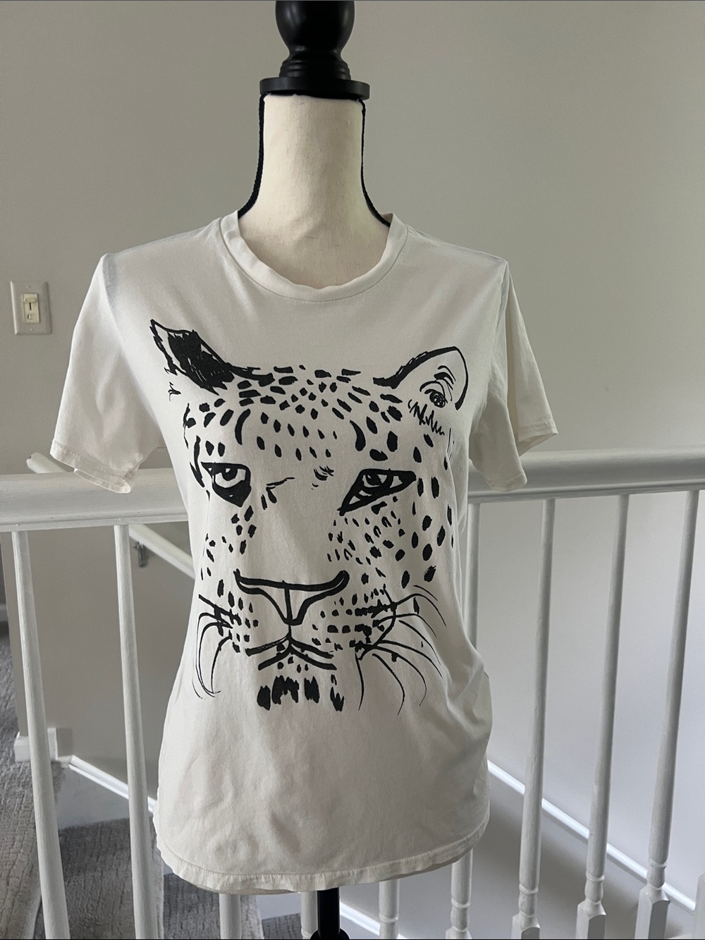 Clare V White Tee with Black Leopard Face Graphic